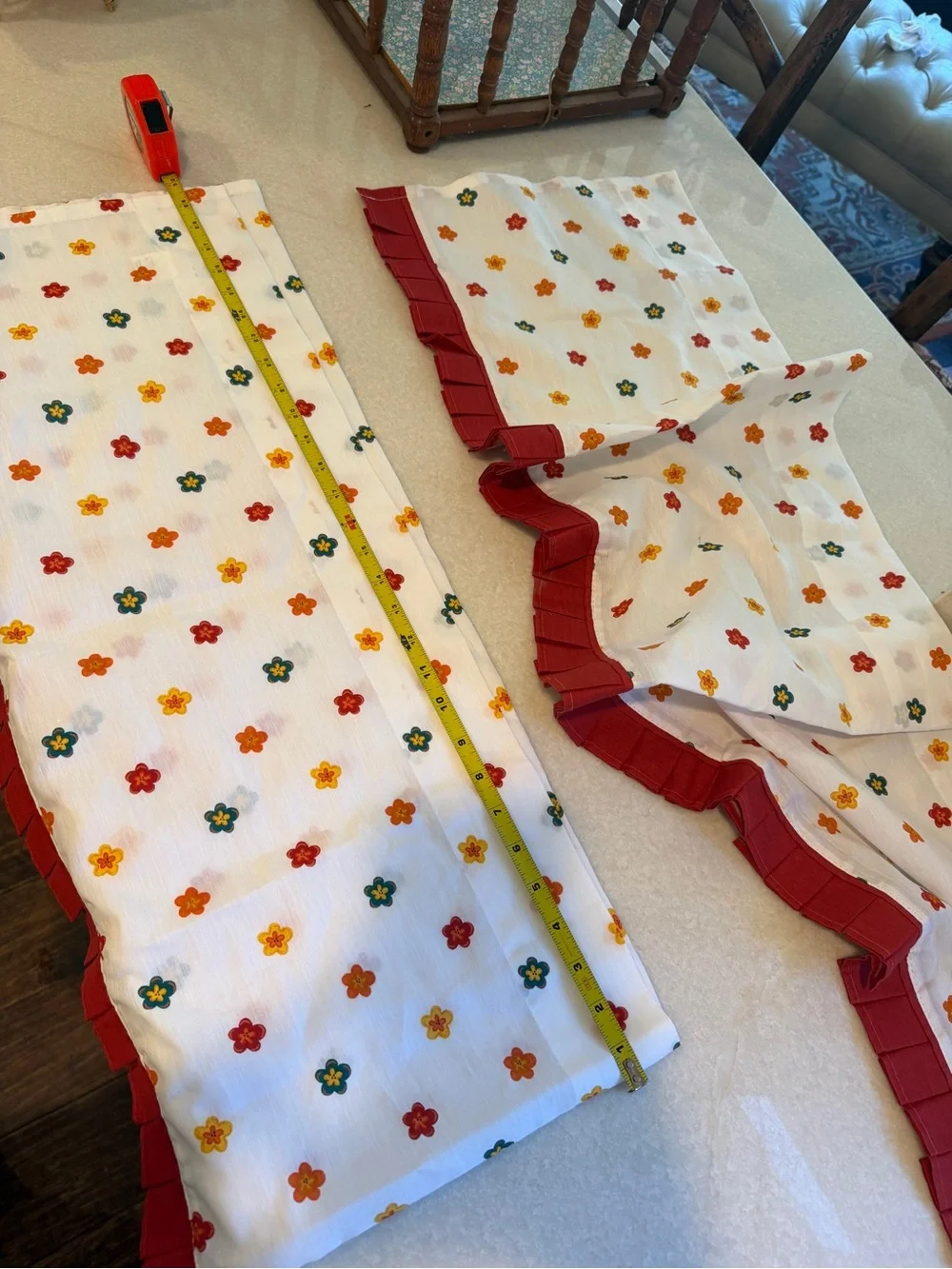 Set of two Vintage style White Floral Window Panel with Red Pleated Hem